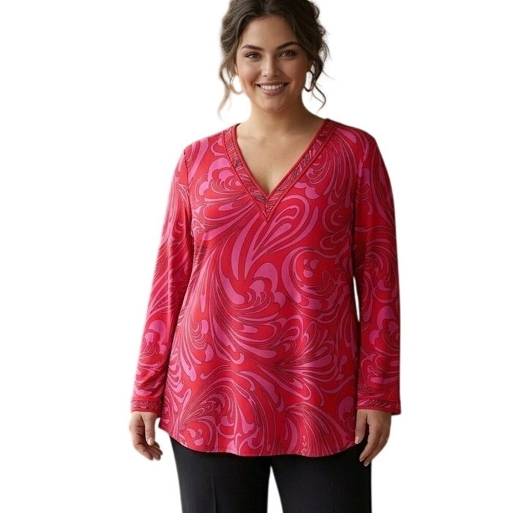 Michael Kors Swirly Tunic Womens Size 2X Red Pink V-Neck Flowy Dopamine Top